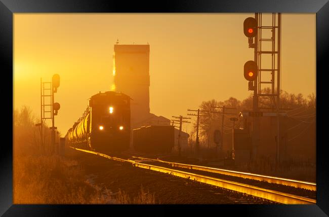 train passing a grain elevator Framed Print by Dave Reede