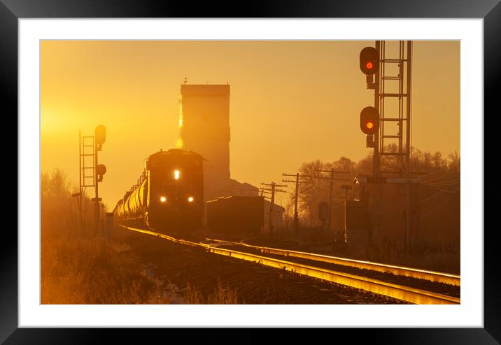 train passing a grain elevator Framed Mounted Print by Dave Reede