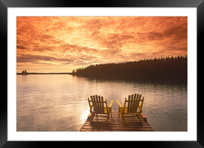 chairs on dock, Paint Lake Framed Mounted Print by Dave Reede