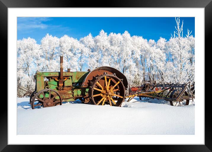 old tractor in the frost Framed Mounted Print by Dave Reede