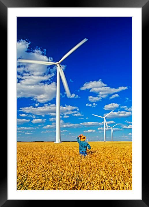man in spring wheat field viewing wind turbines Framed Mounted Print by Dave Reede