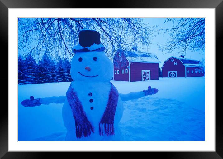 Snowman in Front of Barns Framed Mounted Print by Dave Reede
