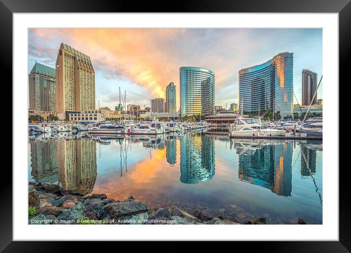 Sunrise Reflections - San Diego Skyline Framed Mounted Print by Joseph S Giacalone
