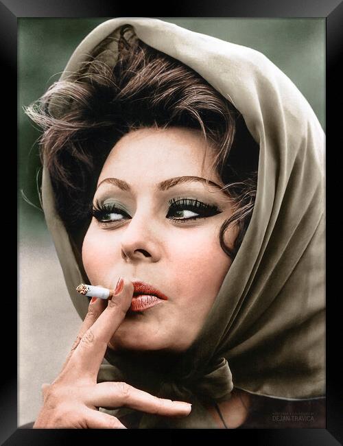 Gorgeous Sophia Loren with a headscarf smoking  Framed Print by Dejan Travica