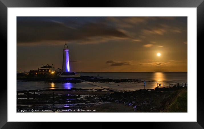St Marys Lighthouse under full moon Framed Mounted Print by Keith Dawson