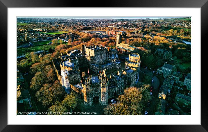 Aerial view of the Lancaster Castle amidst lush trees during sunset, with a panoramic backdrop of a quaint town. Framed Mounted Print by Man And Life