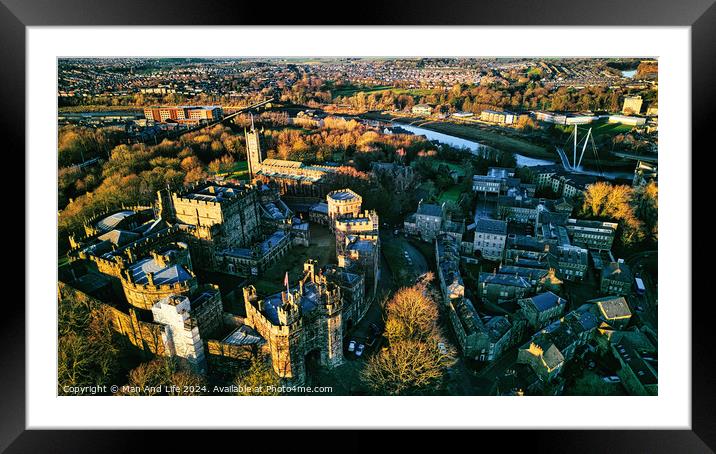 Aerial view of a historic city at sunset with medieval architecture, lush greenery, and a river in Lancaster. Framed Mounted Print by Man And Life