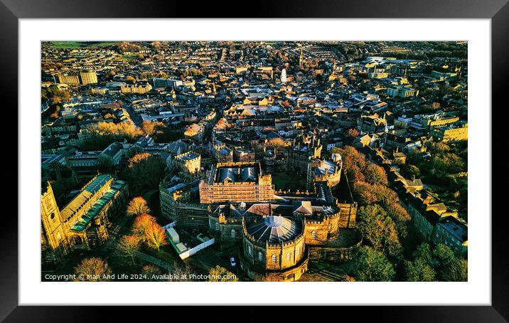 Aerial view of a historic city Lancaster at sunset with warm lighting highlighting architectural details and dense urban landscape. Framed Mounted Print by Man And Life