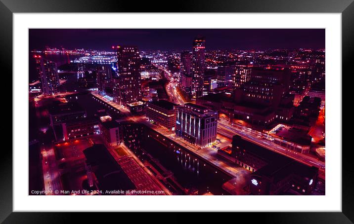 Aerial night view of a bustling cityscape with illuminated streets and urban architecture in Liverpool, UK. Framed Mounted Print by Man And Life