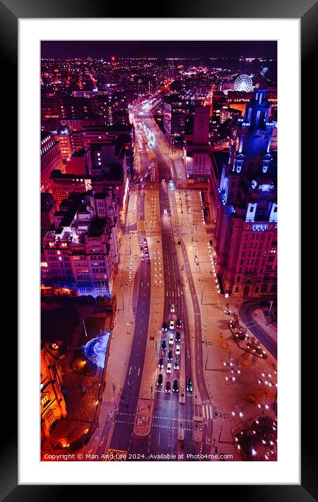 Aerial night view of a bustling city street with vibrant lights and traffic in Liverpool, UK. Framed Mounted Print by Man And Life