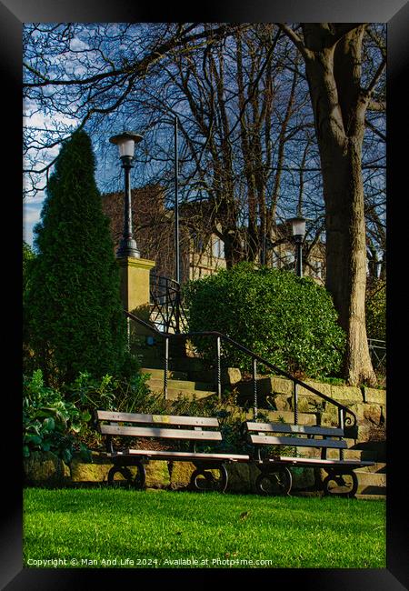 Tranquil park scene with empty benches, lush greenery, and a street lamp against a clear blue sky in Harrogate, England. Framed Print by Man And Life