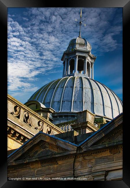 Dome of a classic building against a blue sky with clouds in Harrogate, England. Framed Print by Man And Life