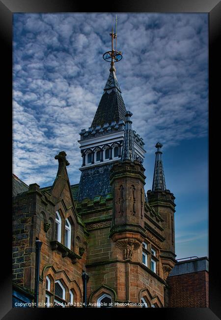 Gothic-style tower against a dramatic sky, architectural detail and historical building concept in Harrogate, England. Framed Print by Man And Life
