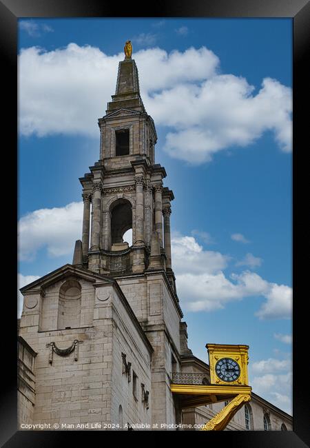 Historic church steeple with clock under a blue sky with clouds in Leeds, UK. Framed Print by Man And Life