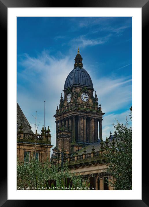 Victorian architecture of an ornate clock tower against a blue sky with clouds in Leeds, UK. Framed Mounted Print by Man And Life