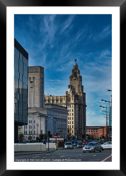 Urban cityscape with historic architecture and modern buildings under a blue sky with wispy clouds in Liverpool, UK. Framed Mounted Print by Man And Life