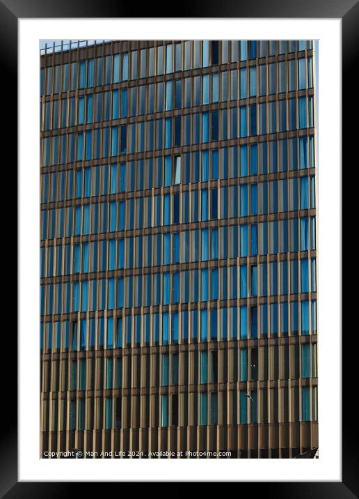 Modern office building facade with blue glass windows and steel structure, architectural background in Liverpool, UK. Framed Mounted Print by Man And Life