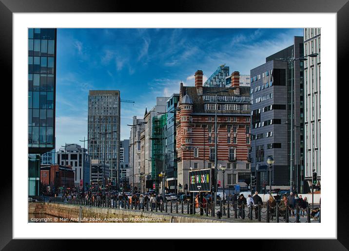 Modern cityscape with diverse architecture and pedestrians on a sunny day in Liverpool, UK. Framed Mounted Print by Man And Life