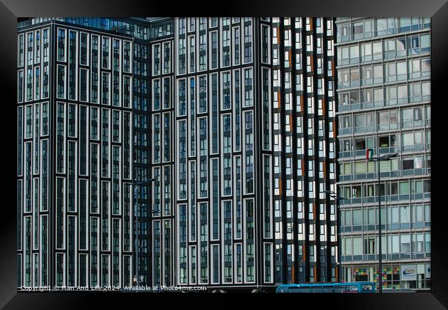Modern glass skyscrapers with a pattern of windows, reflecting urban architecture in Liverpool, UK. Framed Print by Man And Life