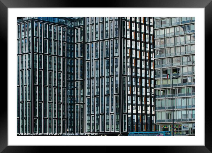 Modern glass skyscrapers with a pattern of windows, reflecting urban architecture in Liverpool, UK. Framed Mounted Print by Man And Life