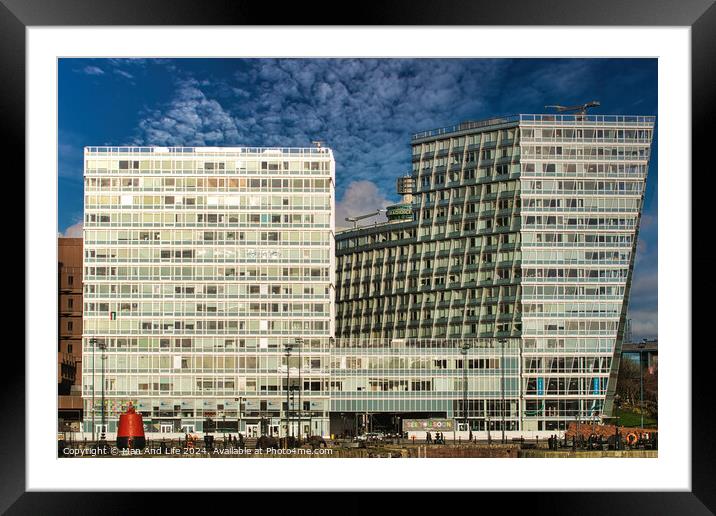 Modern office buildings with reflective glass facades against a blue sky with clouds in Liverpool, UK. Framed Mounted Print by Man And Life