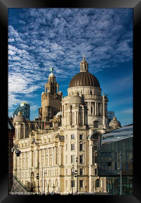 Stunning architecture against a blue sky with dramatic clouds in Liverpool, UK. Framed Print by Man And Life