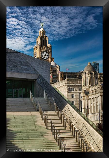 Modern staircase leading to historic clock tower under a blue sky with wispy clouds in Liverpool, UK. Framed Print by Man And Life