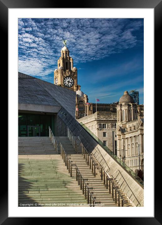 Modern staircase leading to historic clock tower under a blue sky with wispy clouds in Liverpool, UK. Framed Mounted Print by Man And Life