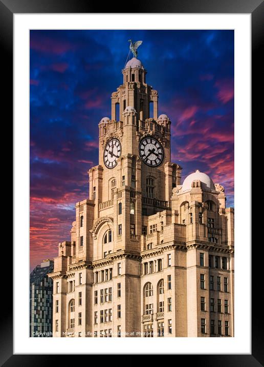 Liver Building in Liverpool, UK against a dramatic sunset sky Framed Mounted Print by Man And Life