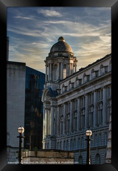 Historic building with dome at dusk, cityscape with warm lighting and clear sky in Liverpool, UK. Framed Print by Man And Life