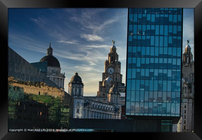 Contrast of old and new architecture with historic domes beside a modern glass skyscraper against a dusk sky in Liverpool, UK. Framed Print by Man And Life