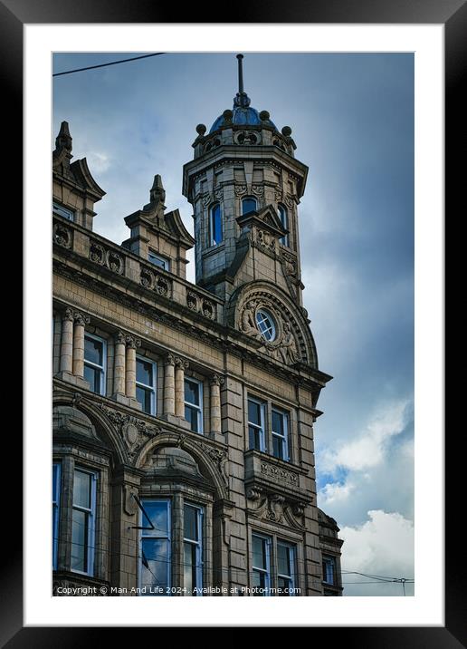 Vintage clock tower on an old European-style building against a cloudy sky in Leeds, UK. Framed Mounted Print by Man And Life