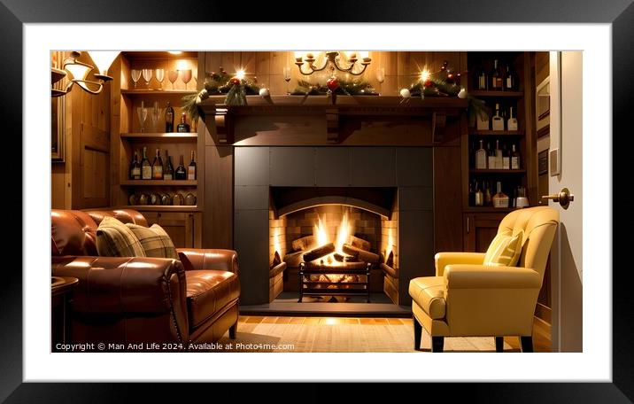 Cozy living room with a lit fireplace, leather sofas, and a wooden bookshelf filled with books and wine bottles. Framed Mounted Print by Man And Life