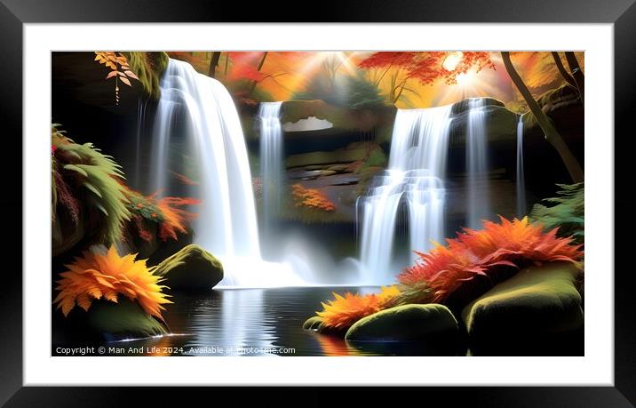 Tranquil autumn waterfall scene with vibrant foliage, flowing water, and serene pond, ideal for seasonal backgrounds or nature themes. Framed Mounted Print by Man And Life
