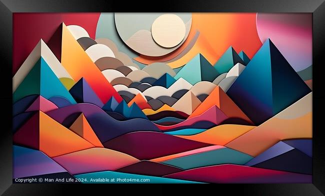 Abstract geometric landscape with colorful paper layers forming mountains and waves under a stylized sun, suitable for creative backgrounds. Framed Print by Man And Life