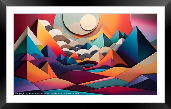 Abstract geometric landscape with colorful paper layers forming mountains and waves under a stylized sun, suitable for creative backgrounds. Framed Mounted Print by Man And Life