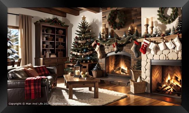 Cozy Christmas living room with decorated tree, fireplace, and stockings. Framed Print by Man And Life