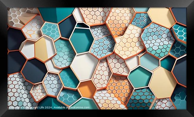 Abstract geometric background of hexagonal tiles in shades of blue, beige, and white with varying patterns and textures. Ideal for modern design concepts. Framed Print by Man And Life