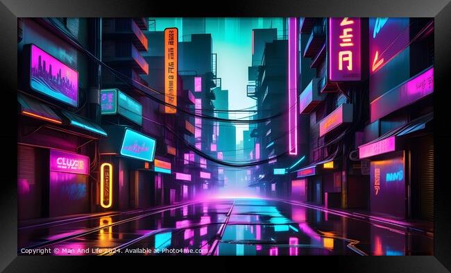 Futuristic neon-lit city street with glowing signs and reflections on wet surface, cyberpunk urban concept. Framed Print by Man And Life