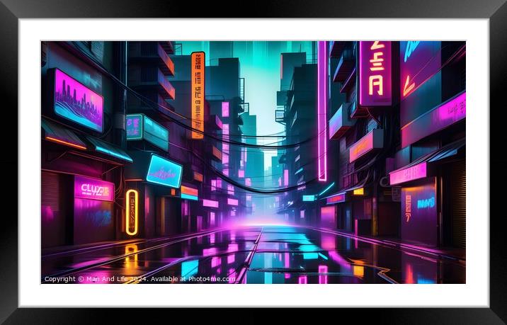 Futuristic neon-lit city street with glowing signs and reflections on wet surface, cyberpunk urban concept. Framed Mounted Print by Man And Life
