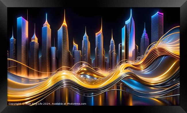 Futuristic city skyline with dynamic light trails and illuminated skyscrapers at night. Framed Print by Man And Life