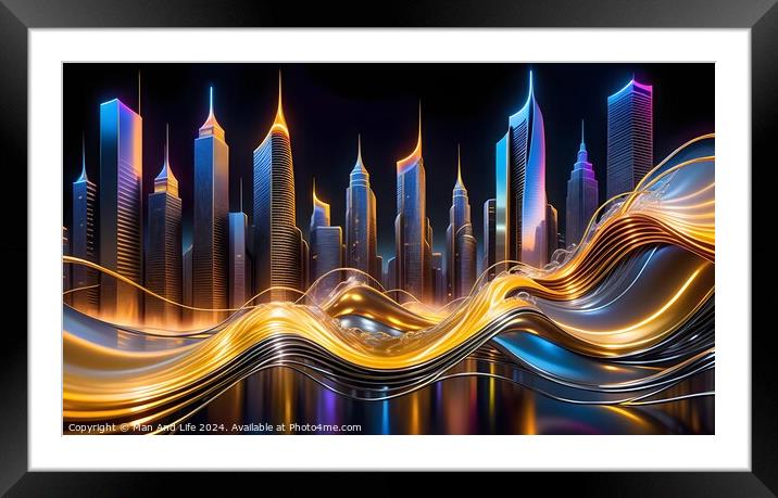 Futuristic city skyline with dynamic light trails and illuminated skyscrapers at night. Framed Mounted Print by Man And Life