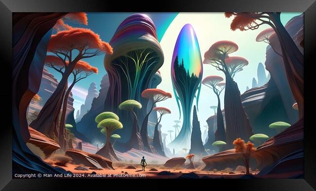 Surreal alien landscape with vibrant, oversized mushrooms and a lone figure exploring the fantastical terrain under a colorful sky. Framed Print by Man And Life