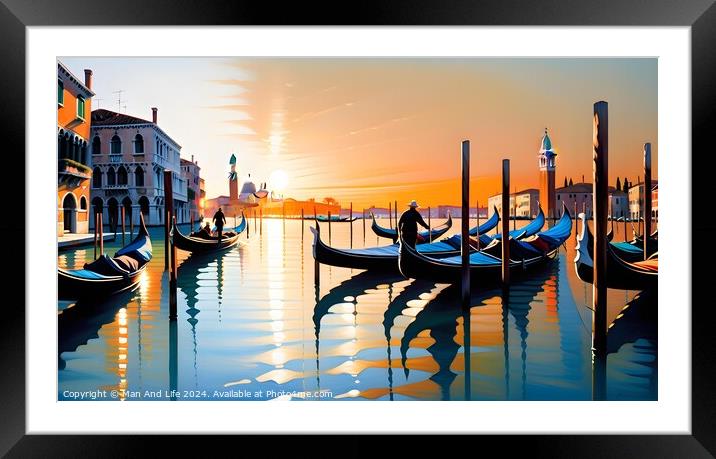 Scenic view of gondolas on tranquil water with a vibrant sunset in Venice, Italy, reflecting warm hues on the Grand Canal against a picturesque city backdrop. Framed Mounted Print by Man And Life
