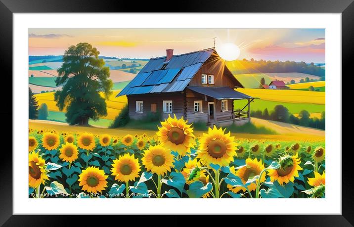 Idyllic rural scene with a wooden cottage amidst vibrant sunflower fields at sunset. Framed Mounted Print by Man And Life