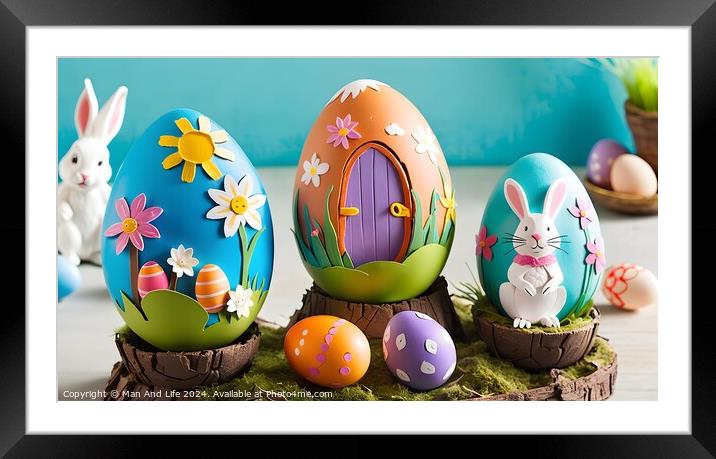 Colorful hand-painted Easter eggs with floral and bunny designs displayed on wooden stands. Framed Mounted Print by Man And Life