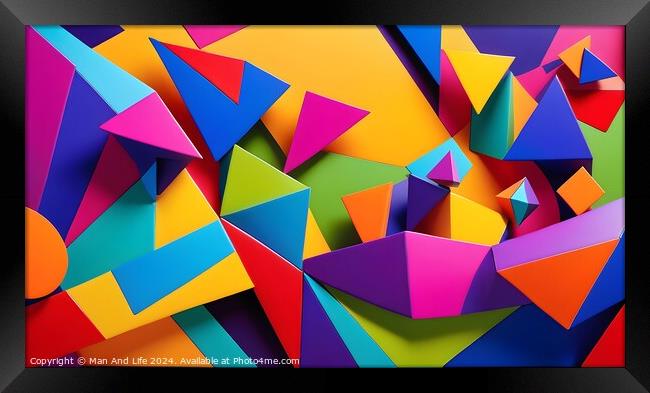 Colorful abstract geometric background with overlapping paper triangles and shapes in a dynamic composition. Framed Print by Man And Life