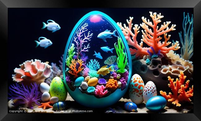 Colorful Easter egg with underwater scene among coral reefs on dark background, blending holiday and marine life concepts. Framed Print by Man And Life