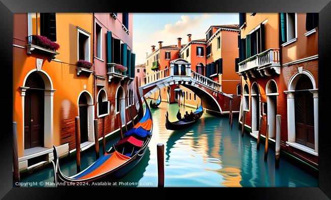 Scenic view of a Venetian canal with gondolas and colorful buildings under a clear blue sky, reflecting the vibrant architecture and romantic charm of Venice, Italy. Framed Print by Man And Life