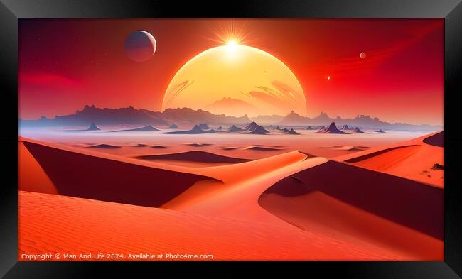 Surreal alien landscape with red sand dunes under a large sun with two moons in the sky, depicting a science fiction or fantasy scene on an extraterrestrial planet. Framed Print by Man And Life